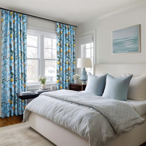 Image of Light Blue Rustic Pinch Pleated Curtains 96 Inches Long for Living Room Bedroom Blackout Vintage Art Deco Anthropologie Vintage Floral Lemon Hummingbird Drape 2 Panels
