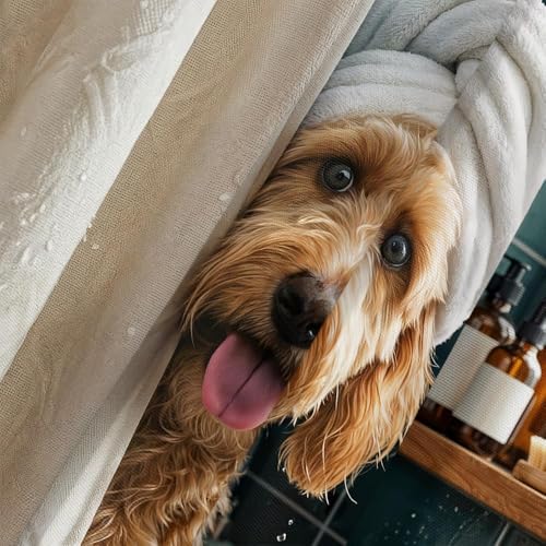 Image of Funny Dog Shower Curtain for Bathroom, Cute Fun Teddy Dog Animal Shower Curtain, Funny Puppy Hilarious Waterproof Bath Curtain Polyester Fabric with 12 Hooks 72x84 Inch