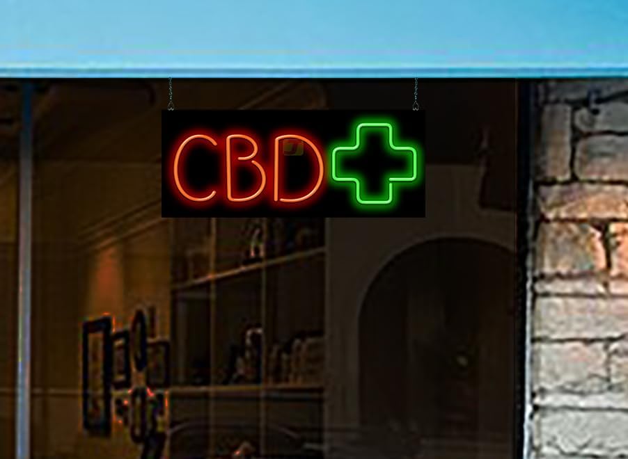 Cartel de neón CBD de 32 pulgadas de ancho x 13 pulgadas de alto, color neón doblado a mano de calidad real, letras rojas brillantes con un gráfico