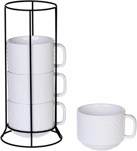 Juego de 4 tazas de café apilables de porcelana con soporte de metal, 13 onzas, apilables, diferentes soportes para tazas de café en relieve para