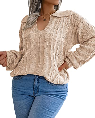 Image of Plus Size Sweaters for Women Polo V Neck Chunky Cable Knit Pullovers 1X-5X