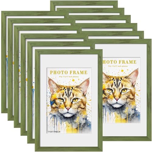 Picrit 11x17 Picture Frame Set of 12, Display 8x12 with Mat or 11x17 without Mat, Photo Frames for Wall Mounting Display, Green Wood Grain