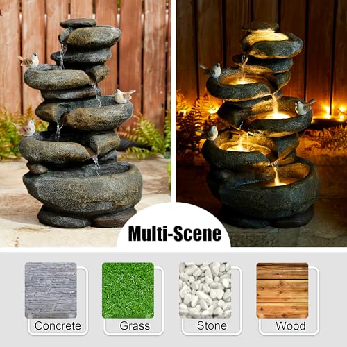 Image of Glitzhome 5-Tier Cascading Rock Outdoor Water Fountain with LED Light & Pump, Natural Stacked Stone Look Water Fountain with Lively Birds for Garden, Patio, Porch, 23 inchH