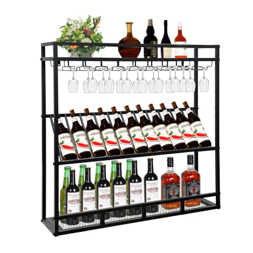 Range-bouteilles réglable en métal noir de 100 cm avec support de verres suspendu