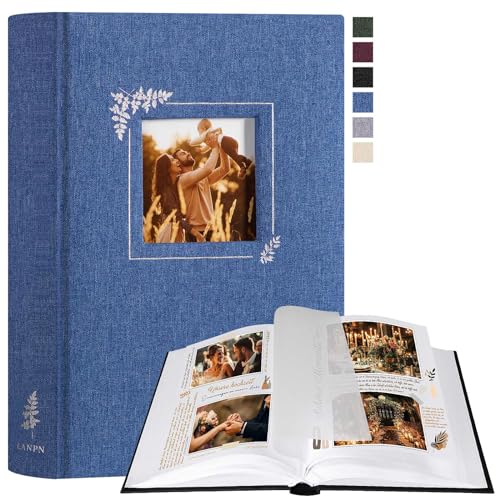 Lanpn Album Fotografico Scrapbooking, Piccolo Lino Design della finestra DIY Scrapbook 60 pagine bianche con divisori di cellofan per foto 9x13 cm 10x15 cm 13x18 cm (19x27cm, Blu)