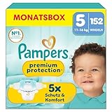 Pampers Premium Protection Größe 5, 152 Windeln, 11kg-16kg, Doppelter Schutz für die Haut und vor Auslaufen