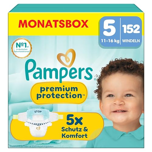 Pampers Premium Protection Größe 5, 152 Windeln, 11kg-16kg, Doppelter Schutz für die Haut und vor Auslaufen