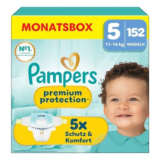 Pampers Baby Windeln Größe 5 (11-16kg) Premium Protection, Junior, MONATSBOX, bester Komfort und Schutz für empfindliche Haut, 152 Stück