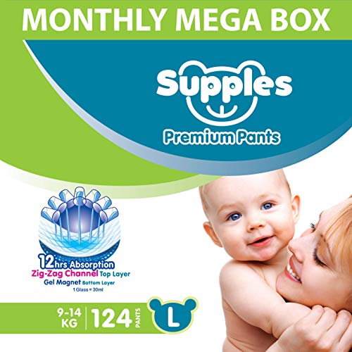 Image of Supples Baby Diaper Pants, Monthly Mega-Box, Large, 124 Count & Supples Baby Wet Wipes with Aloe Vera and Vitamin E - 72 Wipes /Pack, (Pack of 3)