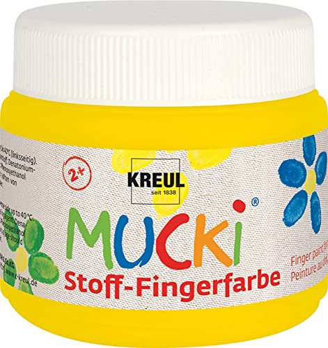 KREUL 28102 - Mucki peinture au doigt pour tissu, 150 ml en jaune, sans paraben, sans gluten, sans lactose et végétalienne, optimale pour l'application avec les doigts et les mains