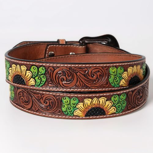 Brown Floral Sunflower Cactus Hand Painted Genuine Leather Men & Women Belt Unisex Western with Removable Buckle2