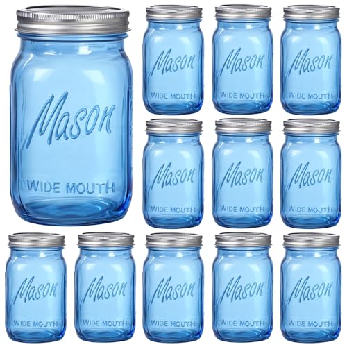 Rubtlamp Blue Mason jar 32 oz 12 Pack Glass Jars - Wide Mouth Mason Jars with Airtight Lids for Pickling Fermenting Food Storage&DIY Crafts Microwave & Dishwasher Safe
