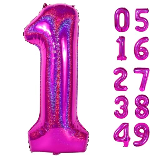 Image of 40 Inch Laser Hot Pink 1 Balloon for First Birthday, 1st Number Balloons Birthday Decorations, One Giant Number 1 Balloon