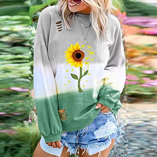NANTE Blusa feminina solta com estampa de girassol e manga comprida, Verde, Small