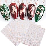 Nagelsticker Weihnachten, 9 Blätter Weihnachten Nagelsticker Selbstklebend 3D Schneeflocke Elch Weihnachtsmann Weihnachten Nagel Aufkleber Winter Nail Tattoo Sticker Weihnachten Nailart (Roségold)