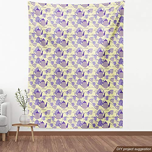 Image of Ambesonne Tea Party Fabric by The Yard, Striped Teapots Cups Silhouettes Classical Calligraphy Pattern, Decorative Fabric for Upholstery and Home Accents, 2 Yards, Yellow Lavender