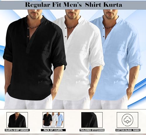 Image of Zombom Combo of Men's Solid Cotton Polyester Blend Full Sleeve Mandarin /Chinese Collor Straight Kurta Shirt (Pack of 3)