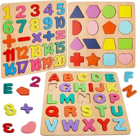 SubiMouIQ Montessori Colourful Wooden Puzzle Set Featuring 3D Capital Alphabets, Numbers, and Shapes| ABCD Puzzle Set | Learning Educational Gift Set Board for Kids (Alphabets, Numbers & Shapes) (B0DFGQ275V) Amazon Price History, Amazon Price Tracker