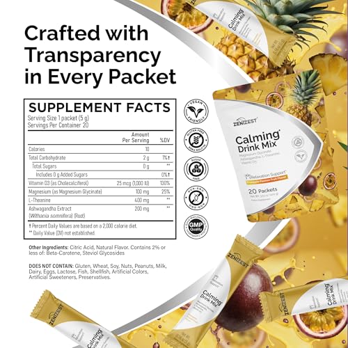 Image of Calming Drink Mix Powder - Natural Cortisol Balance Calm Sleep Stress Support Supplement with Magnesium Glycinate Ashwagandha L-Theanine Vitamin D3 - Pineapple Passion Fruit Flavor 20 Packets