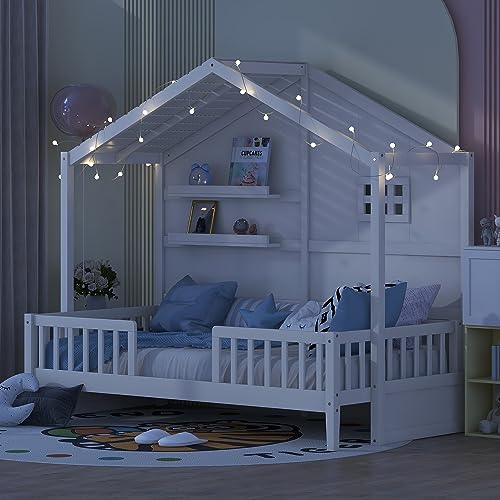 SOFTSEA Twin Size House Bed for Kids, Low Loft Bed with Storage Shelves, Wood Bed Frame with Window and Sparkling Light Stripe on The Roof, Kids Twin Bed Frame, No Box Spring Needed, White