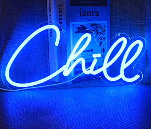 Segni al neon Chill, luci al neon per decorazione di camera da letto blu, lettere decorative per cameretta, parete, stanza dei videogiochi, negozio, bar, festa di Natale, alimentazione USB (13,7 x 6,7