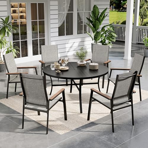 Image of Sophia & William Round Patio Dining Set for 6 with Aluminum Chairs, Grey | Metal table, Stackable sling chairs, Breathable & quick-drying, Light-weight & space-saving, Umbrella Hole, Outdoor, 7 piece