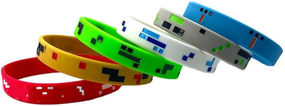 Pixel Miner Silicone Wristbands Bracelet- 18-Pack Assorted Colorful Wristbands for Kids, Themed Party Favors, Holiday Gifts for Boys and Girls (6 Unique Designs)