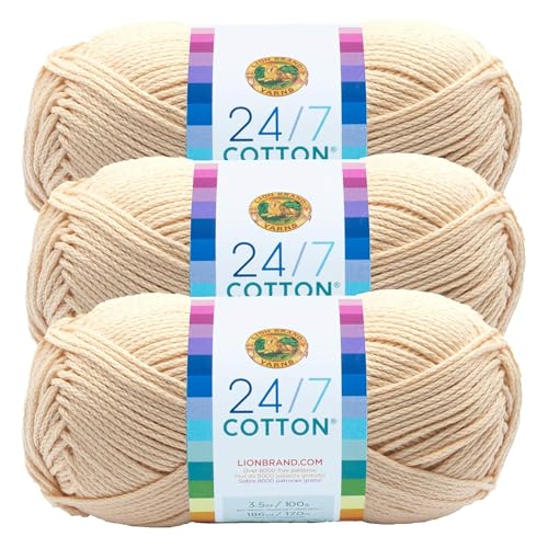 Image of Lion Brand 24 /7 Cotton Yarn, Yarn for Knitting, Crocheting, and Crafts, Ecru, Pack of 3 | Light Worsted 100% Mercerized Cotton Yarn for Crochet, Knitting, Craft, 185 Yards of Natural Fiber for Tees, Bags, Dishcloths