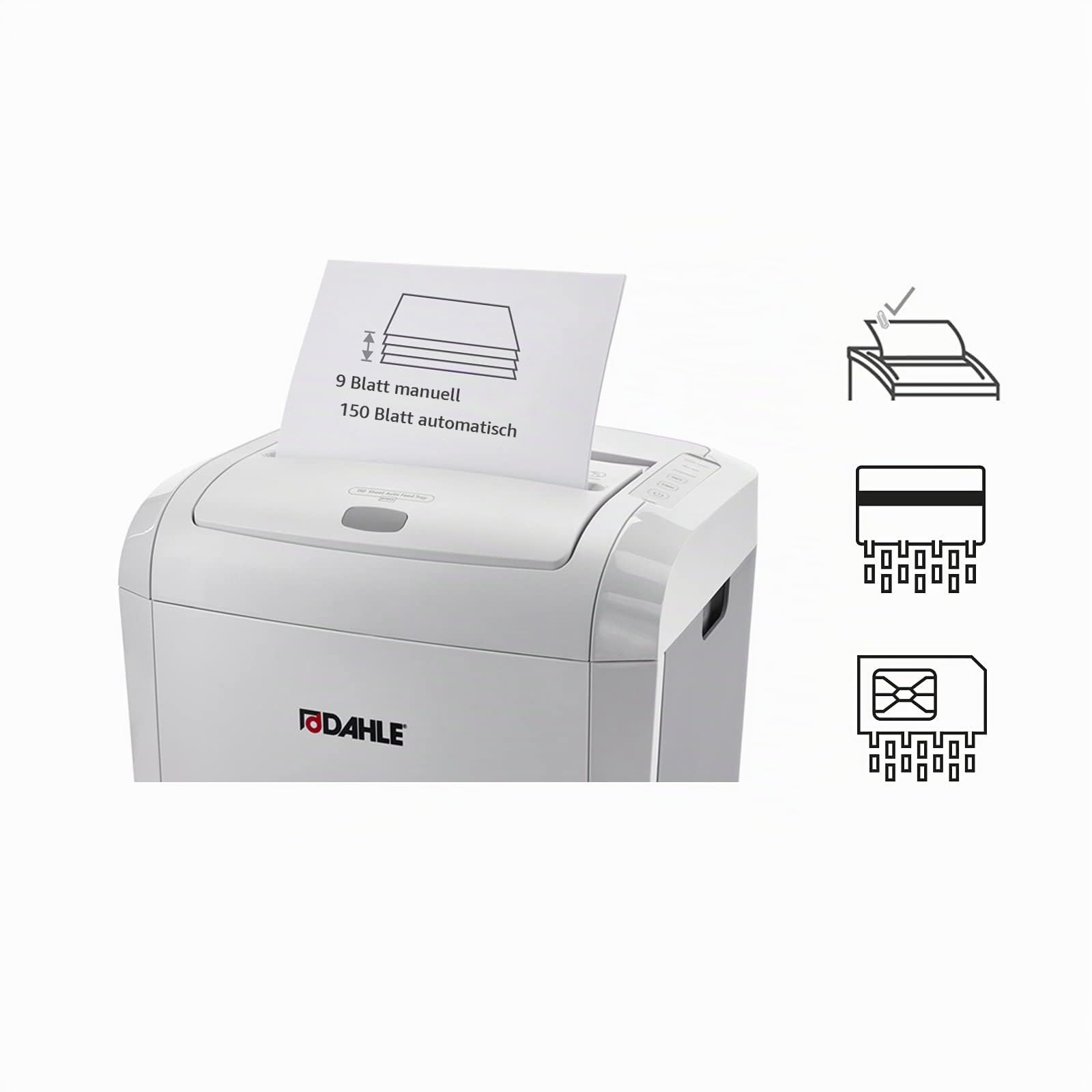 Dahle ShredMATIC 150 Aktenvernichter Autofeed (150 Blatt, P-4, Partikelschnitt, öl- und wartungsfrei, Automatischer Papiereinzug) lichtgrau/staubgrau