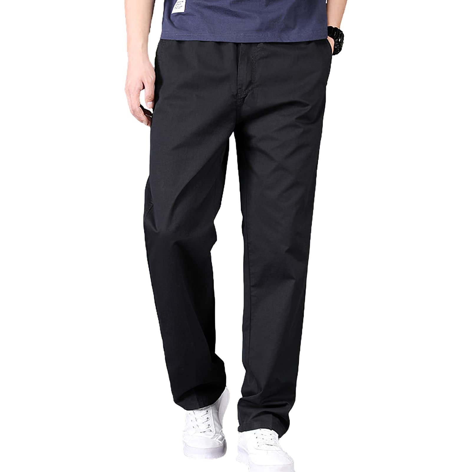 Hombre Cintura Elástica Pantalones Chinos Casual de Pata Ancha Pantalones de Trabajo de Algodón con 4 Bolsillos