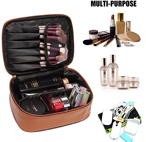Lacattura Travel Makeup Bag For Women, Vegan Leather Cosmetic Bag, Waterproof Toiletry Organizer, Make Up Bag With Adjustable Dividers And Brush Holder, Portable Beauty Storage Bags For Girls, Brown #TOP2