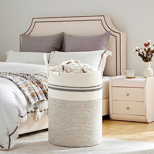 Image of VIPOSCO 100L Tall Woven Rope Laundry Hamper, Leather Handles, Stripe White | Large Wicker Laundry Basket for Dirty Clothes, Blanket, Toy, Towel, Yoga Mat, Storage Bin in Bedroom, Bathroom, Living Room