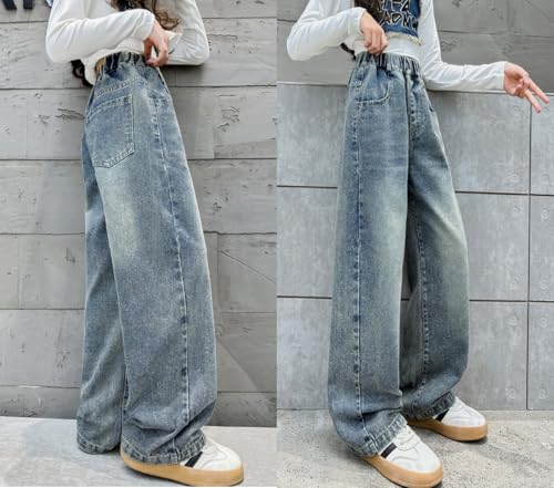Kids Girls' Fashion Elastic Waist Wide Leg Baggy Denim Pants Straight Washed Loose Jeans Age 5-14 Years2