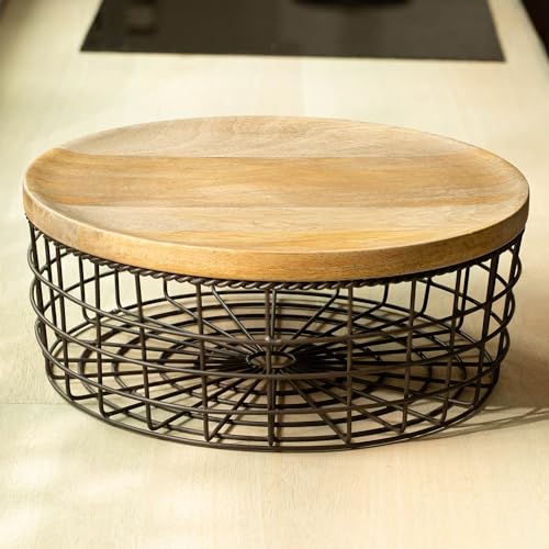 Image of Ellementry Twine Metal Wire Kitchen Vegetable Storage Basket with Wooden Lid, Fruit Basket for Pantry, Countertop Multi-Functional Fruit & Vegetable Organizer for Home & Kitchen Decor