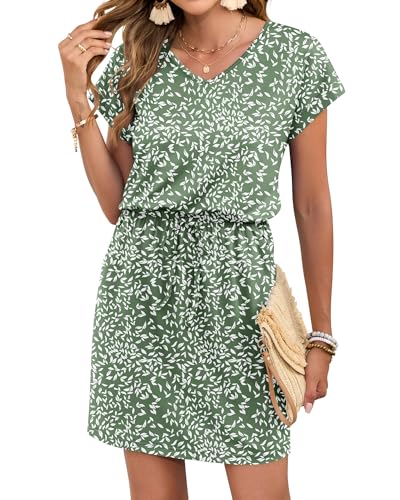 Image of AUSELILY Womens Summer Mini Dress, Short Sleeve V Neck Drawstring Casual | Soft smooth drape with an adjustable drawstring waist for beach, casual outings and daily wear