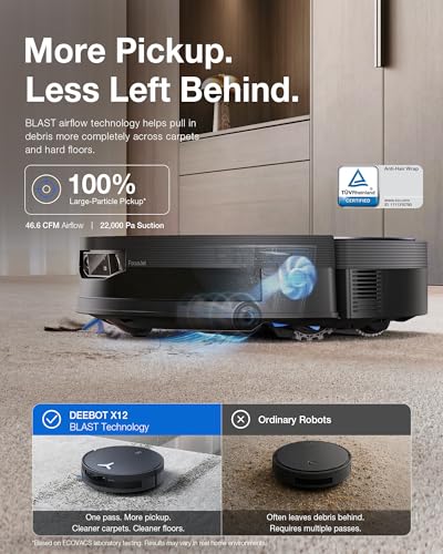 Image of ECOVACS DEEBOT X12 OMNICYCLONE Robot Vacuum and Mop, FocusJet Pre-Spray, Bagless Station, OZMO Roller Instant Self Washing, Blast 22000Pa Suction, ZeroTangle, PowerBoost Charging for Large House