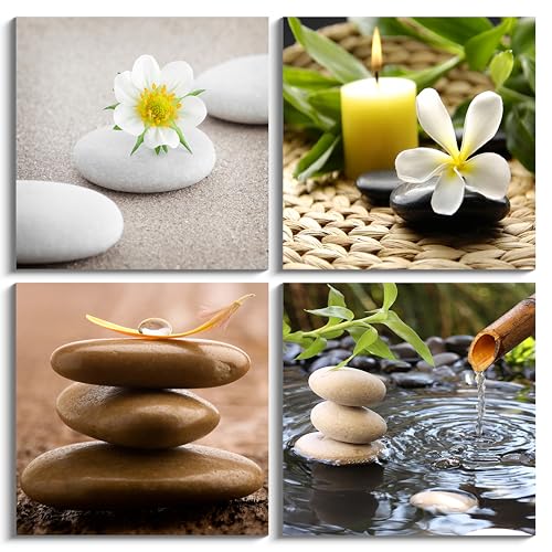 NAN Wind Zen Canvas Wall Art Spa Still Life with Green Bamboo Fountain and Zen Stone Jasmine Flower Painting Pictures for Home Decoration Modern Painting Wall Decor Canvas (14X14inchX4pcs, a zen) by NAN Wind - Used condition - US$33.49