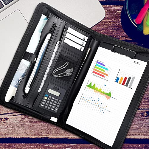 eshow leather portfolio professional business padfolio with zipper - interview resume notefolio premium legal document organizer with card holder writing pad and file folders for men and women