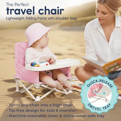 Image of Hiccapop OmniBoost Travel Booster Seat with Tray for Baby | Folding Portable Baby Booster Seat for Dining Table, Camping, Beach, Grandma's | Tip-Free Design Straps to Kitchen Chairs - Booster Chair