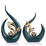 LCCCK Moderne Grüner & Goldene Keramik-Skulptur – Abstrakte Kunststatue 33cm im Skandinavischen Design für Wohnzimmer Esstisch, Büro und Eingangsbereich Dekorakzent