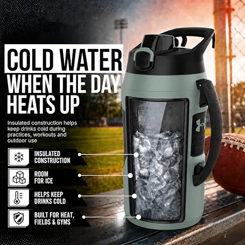 Image of Under Armour Insulated Water Bottle with Handle & Fence Hook, Half Gallon Sports Water Jug, Leak-Resistant & BPA-Free for Baseball, Football & Gym - Silica Green /Silica Green, 64oz