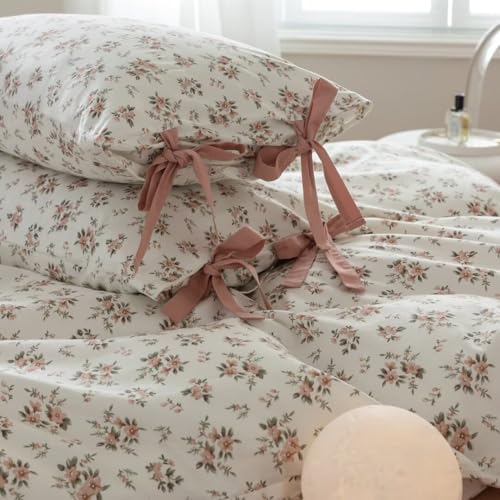Image of MKXI Cute Bow Tie & Blush Pink Rose Flowers Stripes Duvet Cover Full Size Cotton Bedding Set with Zipper Ties - Vintage Country Floral Comforter Cover with 2 Pillowcases for Girls