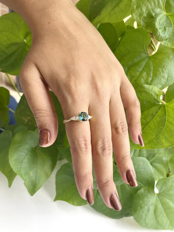 Miniatura 8 de Round & Pear Cut London Blue Topaz And White Diamond 3 Stone Engagement Ring, 14k Yellow Gold Finish Ladies Bridal Three Stone Propose Ring, Topaz &