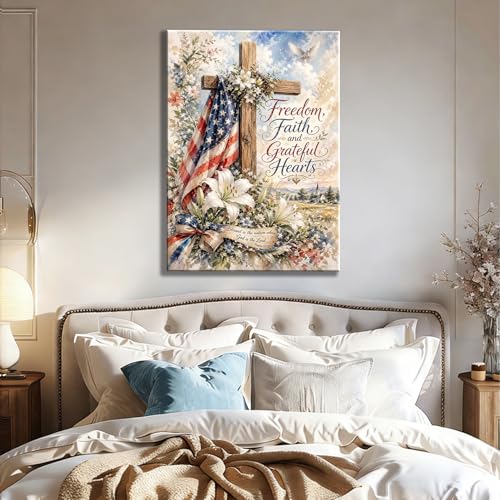 Image of RIBNTAK 4th of July Wall Art Canvas Prints Pictures Patriotic Christian Artwork American Flag Cross Decor Faith Freedom Religious Canvas Art for Living Room Bedroom Office Farmhouse Home Decorations