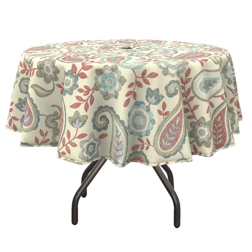 DYTXIII Outdoor Round Tablecloth with Umbrella Hole 60 Inch, Water Repellent & Fade Resistant Table Cover, All Weather Outdoor Tablecloth for Garden & Party Table, Paisley Vintage