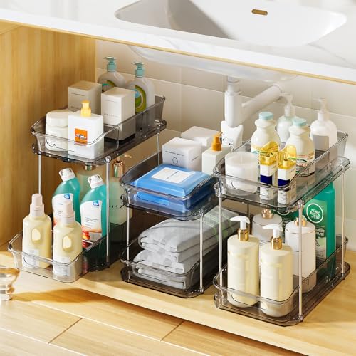 Image of Delamu 2-Tier Under Sink Organizers and Storage, Multi-Purpose Stackable Bathroom Cabinet organizers, Pull Out Kitchen Pantry Organization and Storage with Dividers(3 Pack, Grey)