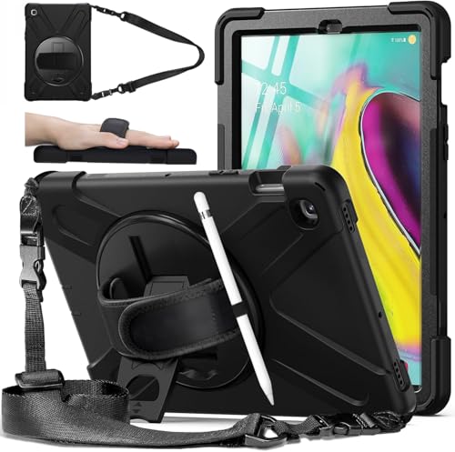 DreamerX for Samsung Galaxy Tab S5e Case 10.5 inch 2019 SM-T720/T725/T727 Shockproof Kids Drop Protective Cover w/ 360 Rotating Hand Strap Multi Stand Angles Carrying Shoulder Strap Pen Holder Black