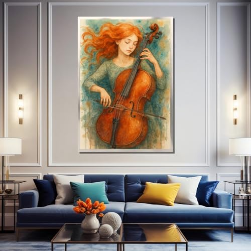 Tableau aquarelle violoncelliste sur toile 60x90cm sans cadre decoration musique