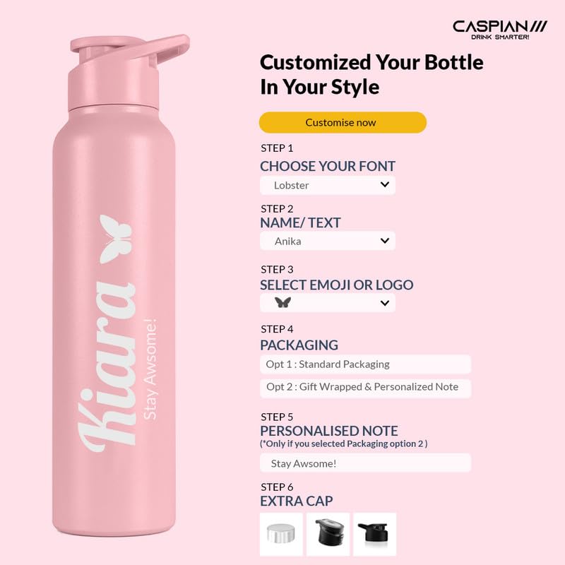 Image of CASPIAN / / / Hike Stainless Steel Customize Sipper Water Bottle Leak Proof Thunder for Fridge Home Office Travel School Kids Boys Girls Adults Sports Gym Yoga (R Pink 1 Litre, Set of 1)