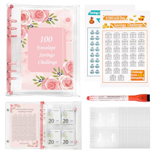 Fettwal 100 Envelope Saving Challenge, Ringbuch A5 Geld Sparen Mappe, Sparbuch für Geld Sparen Challenge, Budget Planner für Geldsparmappe SparChallenge mit 3 Speicherkarten 1 Aquarellstift,Neues Rosa